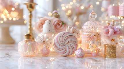 Luxury Pastel Candy Display with Glass Glitter Decor and Soft Bokeh Lights