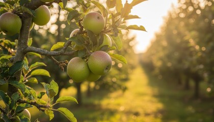 Close up of apples on a branch in an orchard at sunset. Warm evening light with beautiful bokeh in the background.