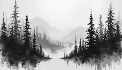 Misty Evergreen Forest Landscape with Lake