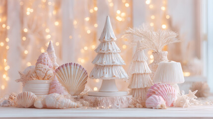 Soft Pastel Coastal Christmas Display with White Seashells and Snow Trees