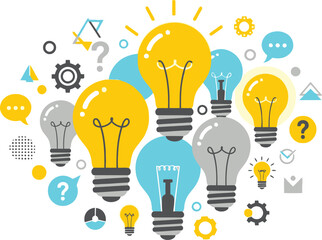Creative ideas concept collection of glowing light bulbs and gears symbolizing innovation brainstorming and solutions for business and technology isolated on white background