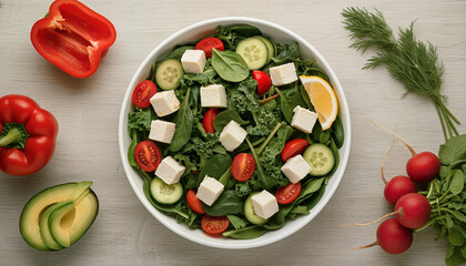 Overhead shot of a vibrant and healthy chicken salad bowl arrangement
