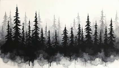 Monochromatic Evergreen Forest Silhouette