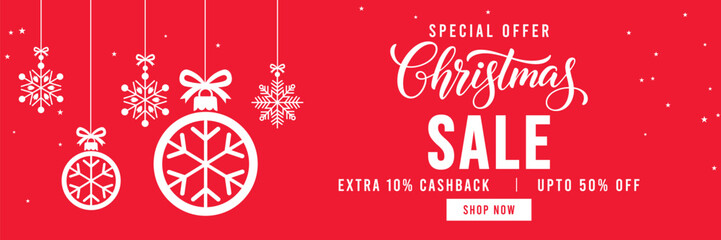 Festive red Christmas sale banner with hanging snowflake ornaments and baubles, elegant Christmas typography, special offer promotion with cashback and discount, ideal for holiday marketing and online
