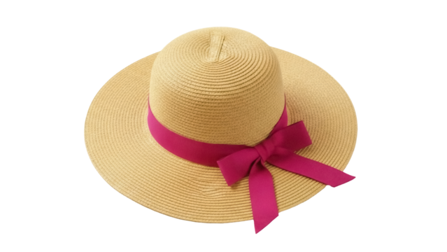 Elegant straw sun hat with pink ribbon isolated PNG, stylish summer headwear for sun protection and fashion on transparent background - Powered by Adobe