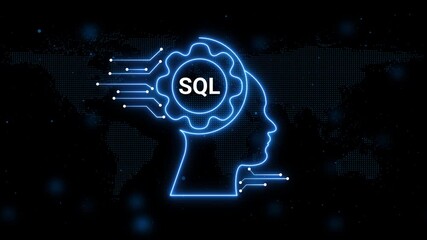 Neon blue outline of a human head with a gear inside containing the word SQL and connected by circuits against a dark digital world map background - Powered by Adobe