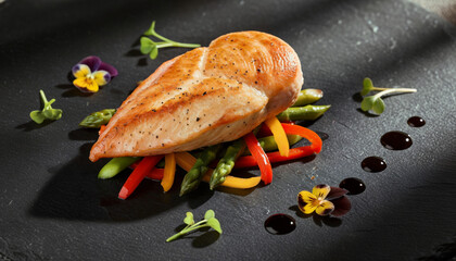 Exquisite Sous Vide Chicken Breast Presentation with Asparagus and Bell Peppers on Slate Plate