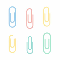 A collection of six colorful paperclips in pastel shades, arranged in two rows against a white background.