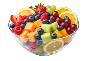 Fresh fruit salad bursting with juicy flavors like strawberries, blueberries, grapes, and citrus in a crystal bowl creating a healthy and vibrant snack