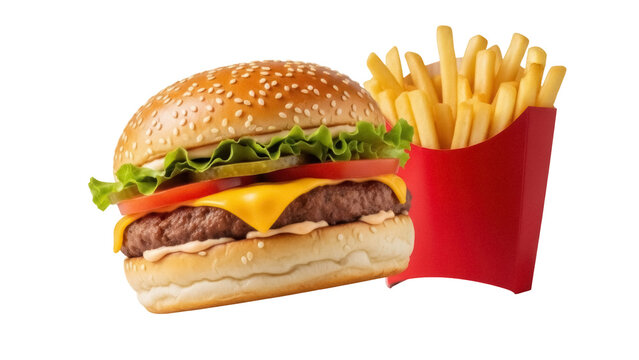 Classic cheeseburger with french fries isolated PNG, delicious fast food meal on transparent background for restaurant menu and takeout - Powered by Adobe