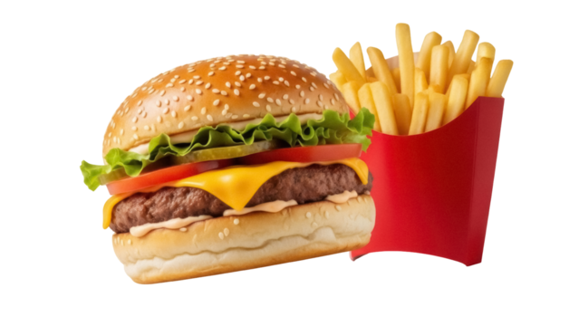 Classic cheeseburger with french fries isolated PNG, delicious fast food meal on transparent background for restaurant menu and takeout