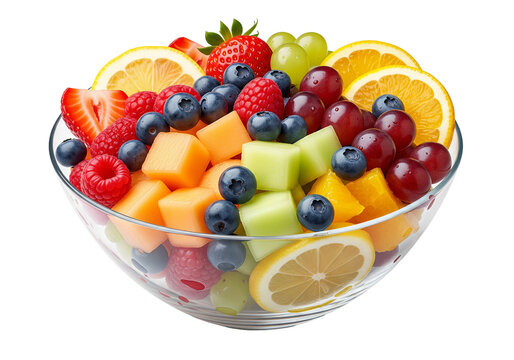 Fresh fruit salad bursting with juicy flavors like strawberries, blueberries, grapes, and citrus in a crystal bowl creating a healthy and vibrant snack - Powered by Adobe
