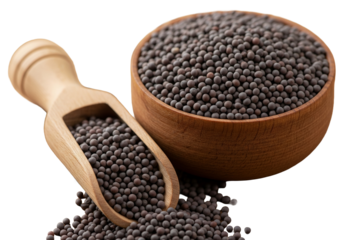 Rich, earthy mustard seeds overflowing from wooden bowl with scoop, perfect for culinary creations and adding bold flavor to gourmet dishes and recipes