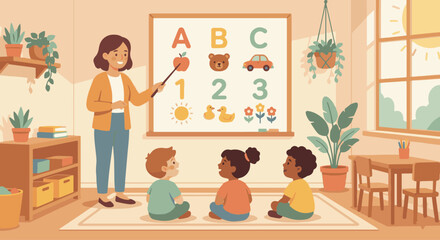 “Kids learning numbers and letters with a teacher pointing to a simple chart, flat vector, warm tones, early education concept.”