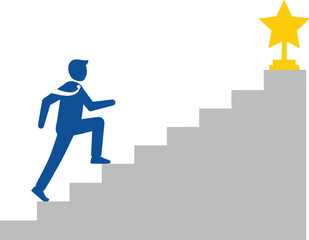 Businessperson ascends stairs towards golden star symbolizing success goal achievement and career growth motivation isolated on white background