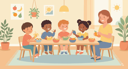 “Kindergarten snack time with children eating fruit together, soft flat palette, simple shapes, cheerful scene.”