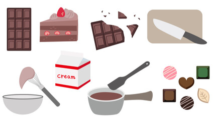 バレンタインのチョコレート作りイラスト素材セット（板チョコ・ケーキ・トリュフ・製菓道具）