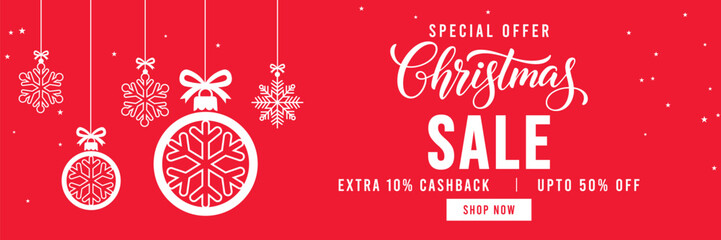 Festive red Christmas sale banner with hanging snowflake ornaments and baubles, elegant Christmas typography, special offer promotion with cashback and discount, ideal for holiday marketing and online