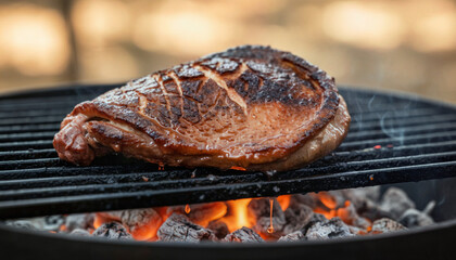 Artisanal confit prepared outdoors with glowing embers showcasing caramelized textures.