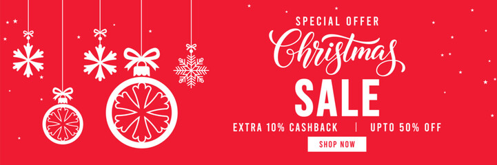 Festive red Christmas sale banner with hanging snowflake ornaments and baubles, elegant Christmas typography, special offer promotion with cashback and discount, ideal for holiday marketing and online