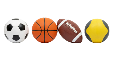 Collection of diverse sports balls isolated on a transparent background, showing soccer,