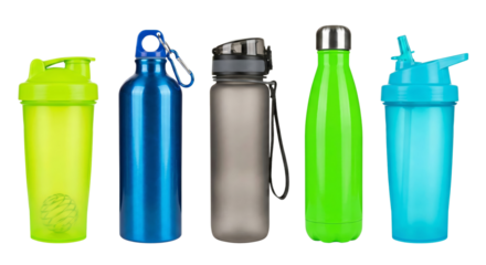 Hydration assortment gleaming colorful reusable containers for active lifestyles on transparent