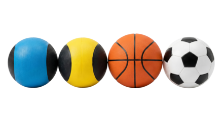 Collection of various sport balls arranged in a row on an isolated transparent setting
