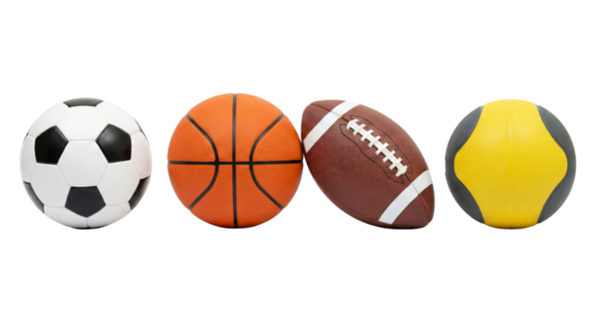 Collection of diverse sports balls isolated on a transparent background, showing soccer,