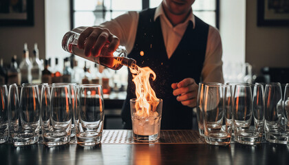 Professional Bartender Skillfully Igniting High Liquor Drinks with Vibrant Flames and Elegant Glassware