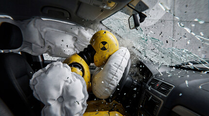 Crash test dummy colliding with deployed airbags during vehicle impact, interior view with shattered windshield and safety evaluation concept for automotive testing and road safety education