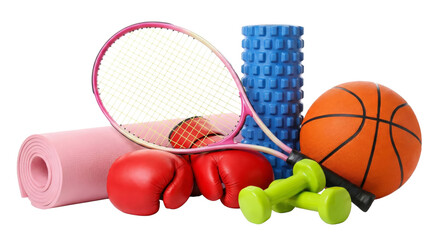 Vibrant assortment of diverse sporting gear promoting fitness and active lifestyle activities
