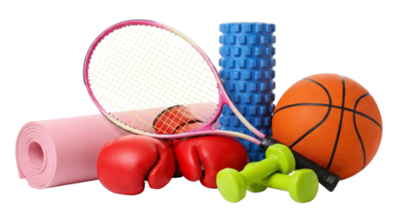 Vibrant assortment of diverse sporting gear promoting fitness and active lifestyle activities