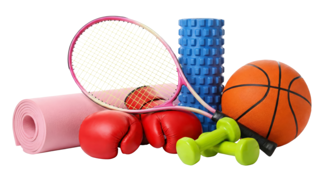 Vibrant assortment of diverse sporting gear promoting fitness and active lifestyle activities