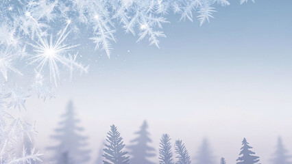 Magical winter landscape with shimmering snowflakes framing a soft focus view of fir trees in the mist
