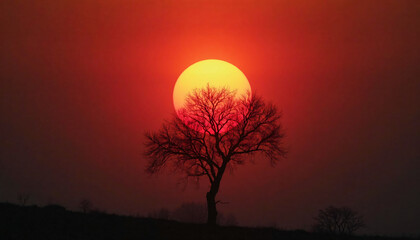 Bare Tree Against Red Sky and Sun
