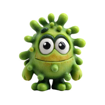 A cute and funny green germ character with a friendly expression rendered in a 3D style and isolated on a white background