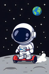 Cute Astronaut Riding Hoverboard on the Moon with Earth in Background