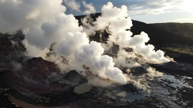 Aerial view of massive geothermal steam vents rising intensely from the earth creating vast plumes of natural vapor sky, expanse, vast