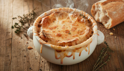 Overhead View of French Onion Soup with Gruy re Cheese and Baguette