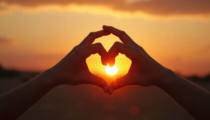 Hands forming heart shape around sunset