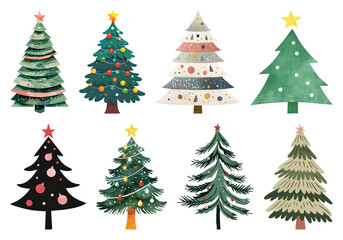Obraz premium PNG Colorful illustrated Christmas trees, element set on transparent background
