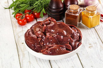 Raw chicken liver uncooked in the bowl