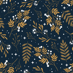 Merry Christmas, Happy New Year seamless pattern with branches, leaves and white berries for greeting cards, wrapping papers. Seamless winter pattern. Vector illustration.