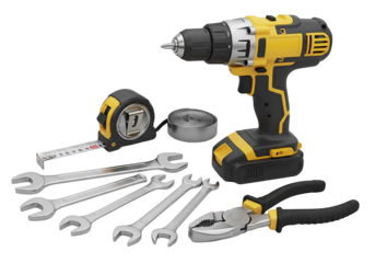 Essential hand tools set: drill, wrenches, tape measure, and pliers perfect for DIY projects and home repairs, ideal for craftsmanship and building tasks