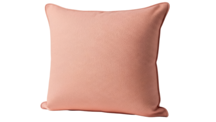 Peach square pillow isolated PNG on transparent background, soft cushion for sofa or bed, home decor element for interior design and comfort
