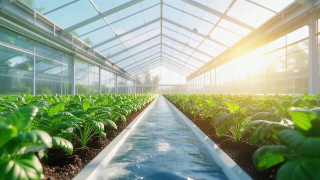 Bright sunlight illuminates rows of vibrant green plants growing inside a modern, spacious greenhouse with a clear glass roof and central irrigation channel.