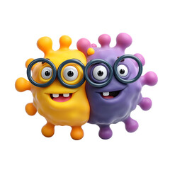 Obraz premium Two smiling cartoon microbe characters with glasses in 3D style
