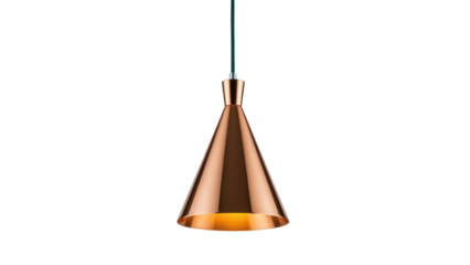 Copper pendant light isolated PNG on transparent background, modern cone-shaped hanging lamp for interior design and architectural visualization