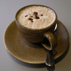 A delicious coffee cup full of warm cappuccino sits on a saucer with a spoon on a simple gray table.