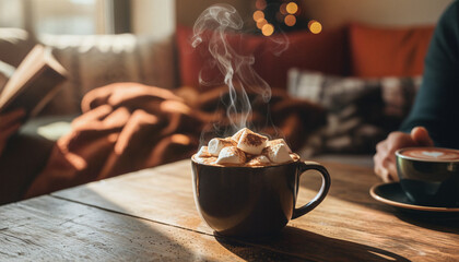 Steaming Hot Chocolate with Marshmallows on Rustic Wooden Table in Cafe